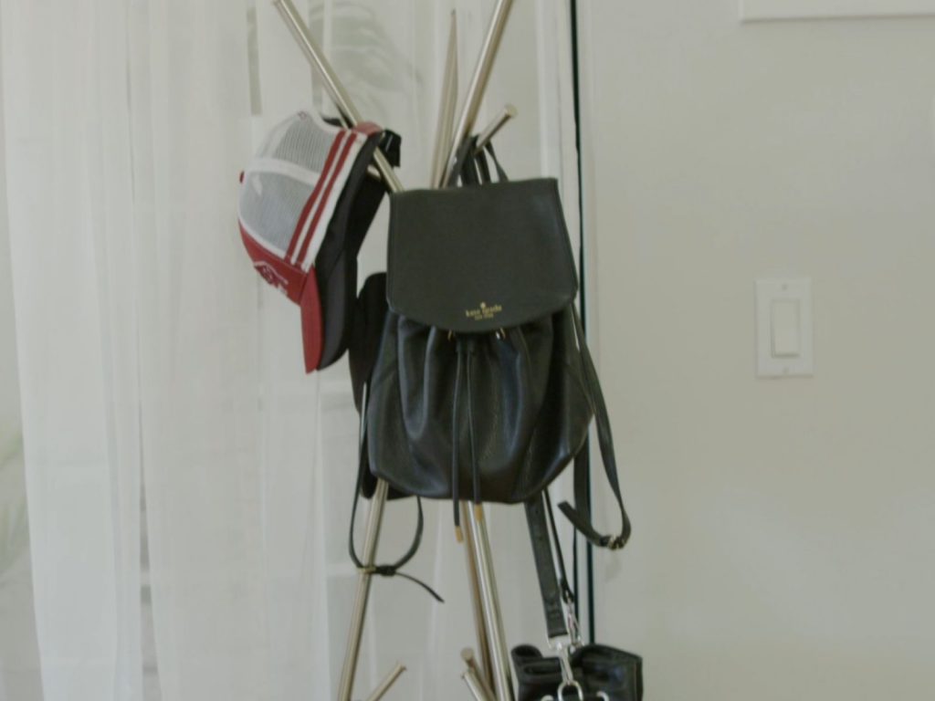 Easy storage tip is hanging bags and hats on coat hangers to free up closet space